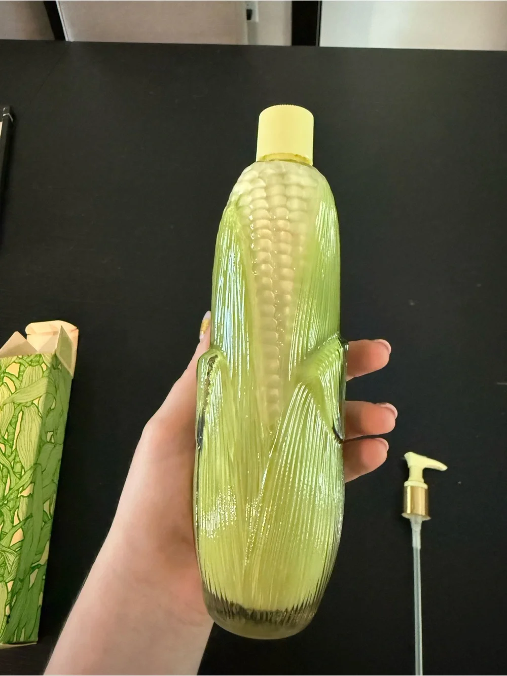 (1/2) Avon Corn-Shaped Soap Bottle in Light Green with Gold Pump